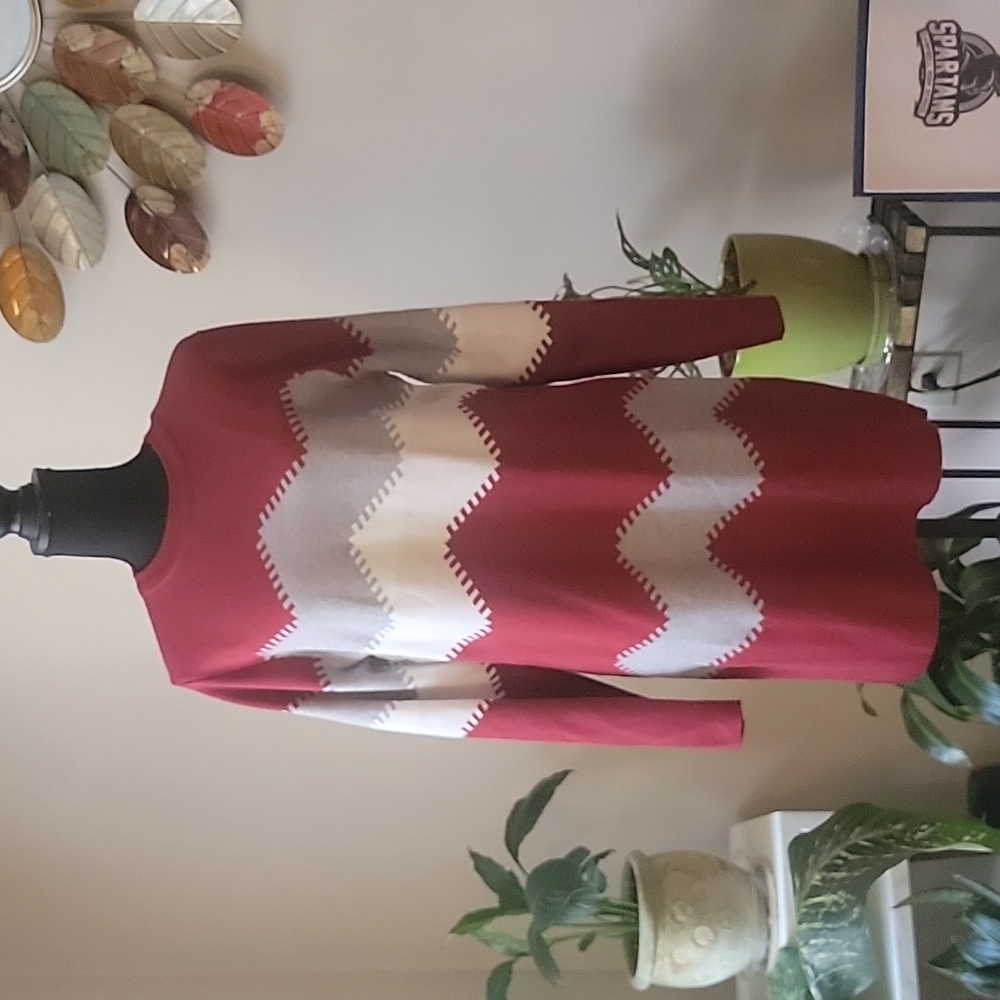 ABove The Knee Sweater Dress Women's Size XL Burgundy Gray Cream Long Sleeves